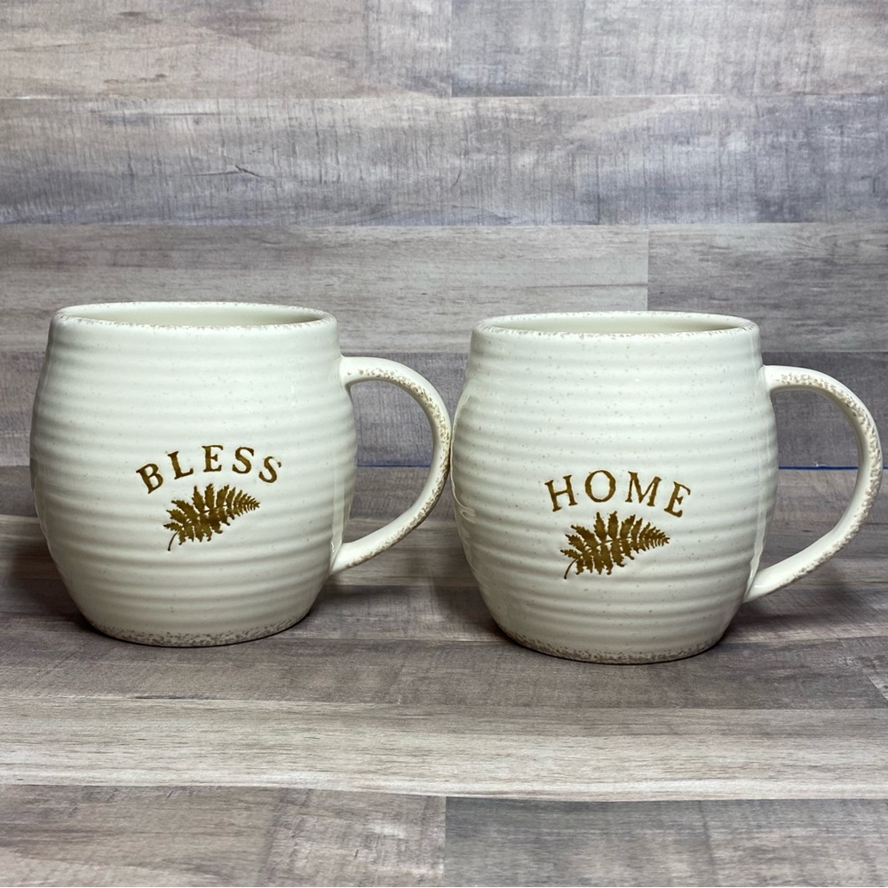 2 Ribbed‎ Coffee Mugs Embossed Fern Glazed Home Blessed
